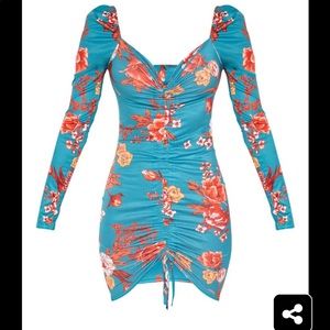 Emerald Green Floral Ruched Front Long Sleeve Bodycon Dress